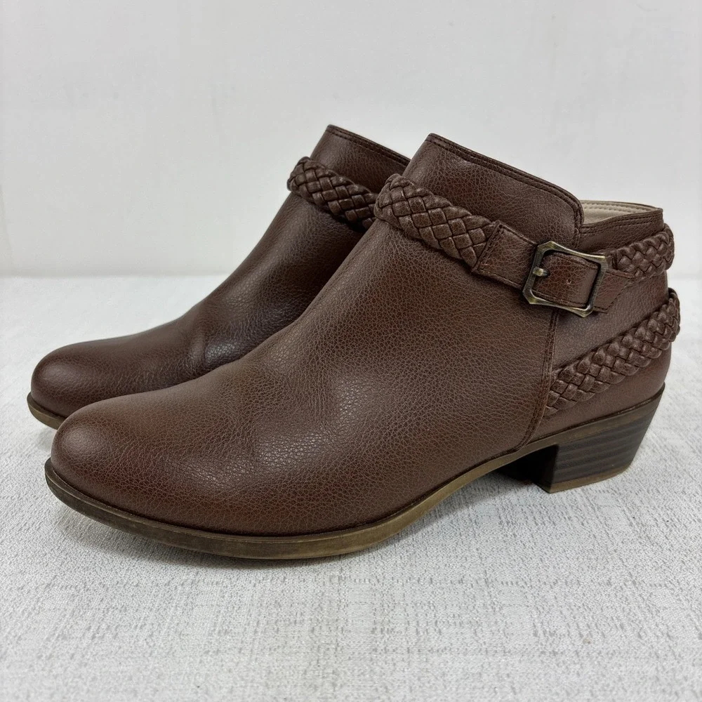 Lifestride Velocity Memory Foam Womens Brown Ankle Bootie Braided Straps Size 10